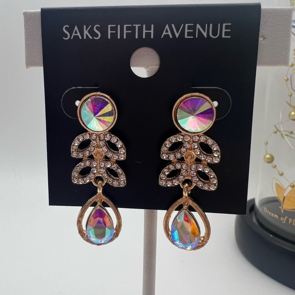 Saks Fifth Avenue Gold Dangle Earrings with Iridescent Accents